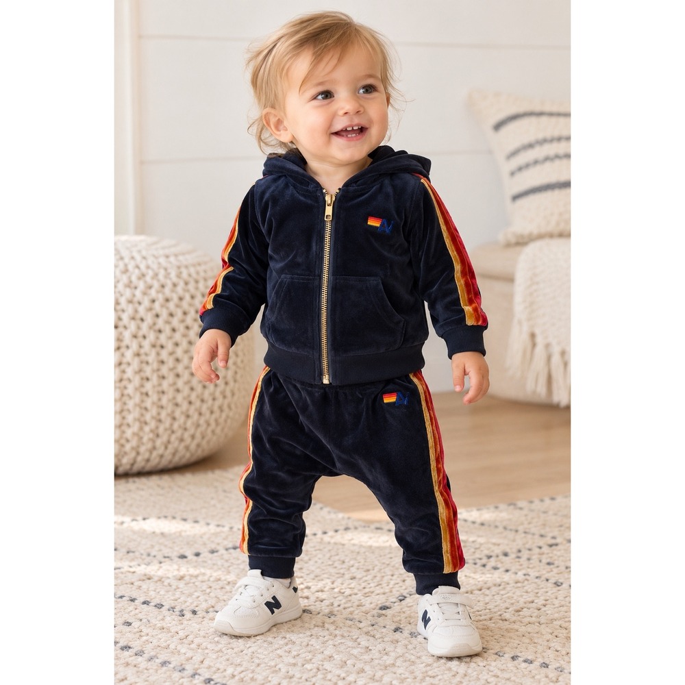 Aviator Nation Toddler Navy Blue Velour Rainbow Stripe Tracksuit Set 6-12M